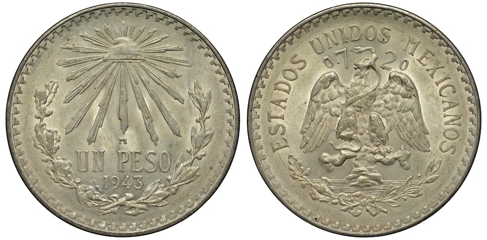 1943 Mexican 1 Peso silver coin