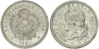 1881 Argentina Silver 50 Centavos Coin