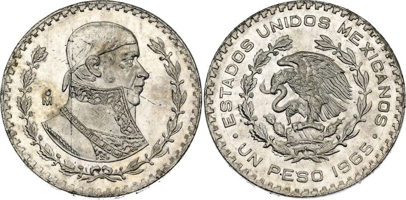 1965 1 Peso Silver Coin .100 purity (.0514 ozt ASW)