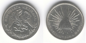 1908 Mexican silver peso coin, Cap and Ray design (Un Peso), Casa de Moneda de México