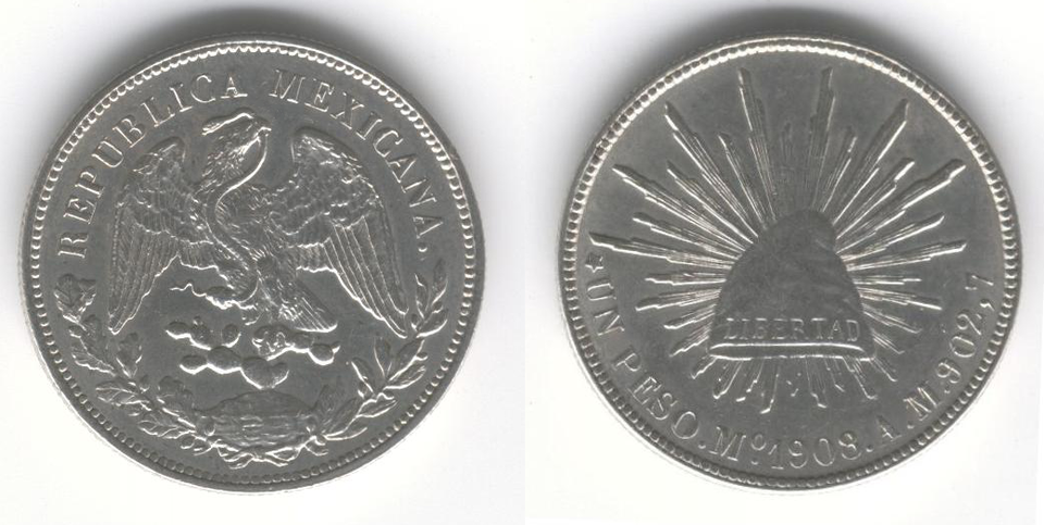 1908 Mexican silver peso coin, Cap and Ray design (Un Peso), Casa de Moneda de México