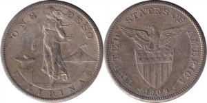 1909 Philippine silver peso coin from the US colonial administration period, obverse and reverse